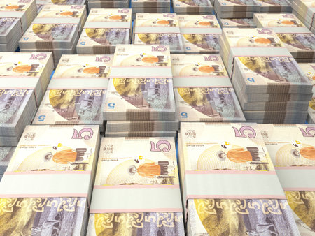Money of Georgia. Georgian lari bills. GEL banknotes. 5 lari. Business, finance, news background.の写真素材
