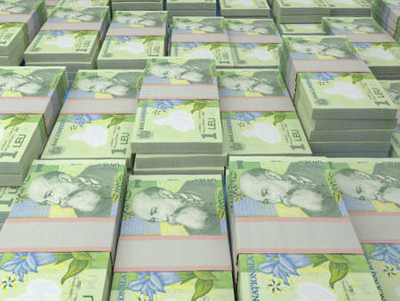Money of Romania. Romanian leu bills. RON banknotes. 1 lei. Business, finance, news background.の写真素材