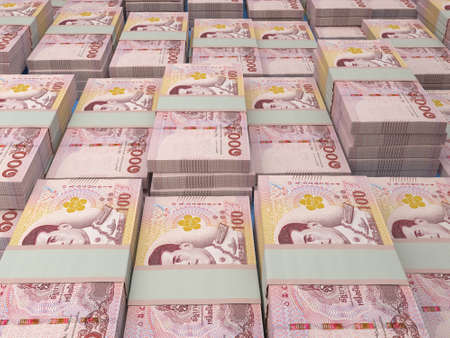 Money of Thailand. Thai baht bills. THB banknotes. 100 bahts. Business, finance, news background.の写真素材