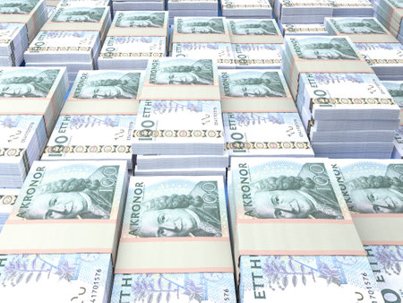 Money of Sweden. Swedish krona bills. SEK banknotes. 100 kronor. Business, finance, news background.の写真素材