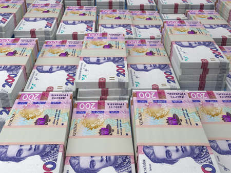 Money of Ukraine. Ukrainian hryvnia bills. UAH banknotes. 200 hryvni. Business, finance, news background.の写真素材