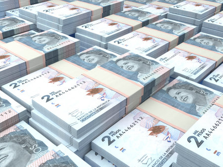 Money of Colombia. Colombian peso bills. COP banknotes. 2 pesos. Business, finance, news background.の写真素材