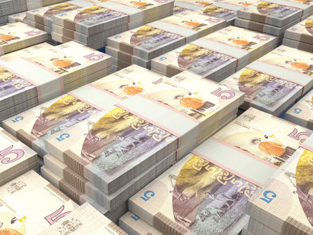 Money of Georgia. Georgian lari bills. GEL banknotes. 5 lari. Business, finance, news background.の写真素材