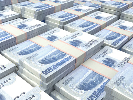 Money of North Korea. North Korean won bills. KPW banknotes. 2000 won. Business, finance, news background.の写真素材