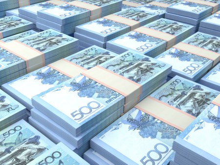 Money of Kazakhstan. Kazakhstani tenge bills. KZT banknotes. 500 tenge. Business, finance, news background.の写真素材