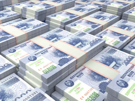 Money of North Korea. North Korean won bills. KPW banknotes. 2000 won. Business, finance, news background.の写真素材