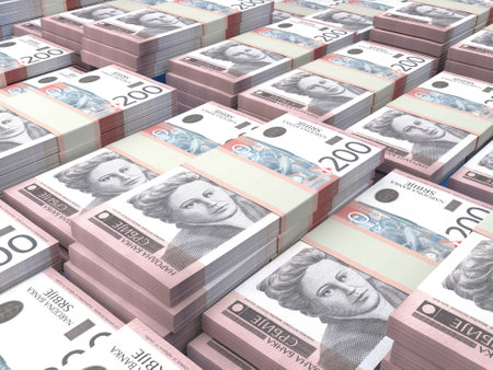 Money of Serbia. Serbian dinar bills. RSD banknotes. 200 dinari. Business, finance, news background.の写真素材