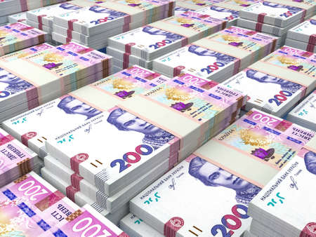 Money of Ukraine. Ukrainian hryvnia bills. UAH banknotes. 200 hryvni. Business, finance, news background.の写真素材