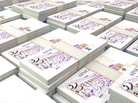 Money of Singapore. Singapore dollar bills. SGD banknotes. 2 dollars. Business, finance, news background.の写真素材