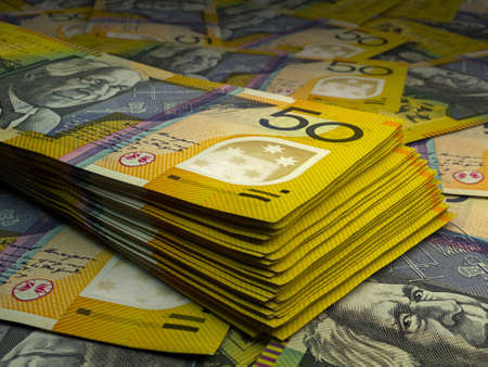 Money of Australia. Australian dollar bills. AUD banknotes. 50 dollars. Business, finance, news background.の写真素材