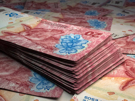 Money of Argentina. Argentine peso bills. ARS banknotes. 20 pesos. Business, finance, news background.の写真素材