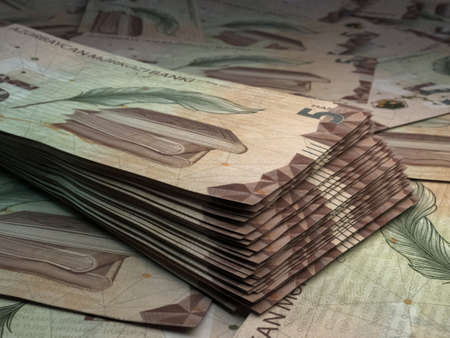Money of Azerbaijan. Azerbaijani manat bills. AZN banknotes. 5 coins. Business, finance, news background.の写真素材