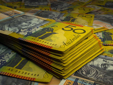 Money of Australia. Australian dollar bills. AUD banknotes. 50 dollars. Business, finance, news background.の写真素材