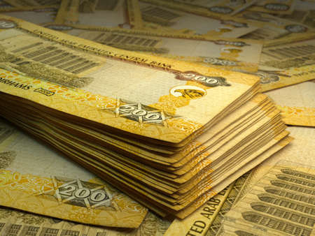 Money of United Arab Emirates. United Arab Emirates dirham bills. AED banknotes. 200 dirhams. Business, finance, news background.の写真素材
