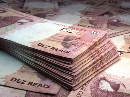 Money of Brazil. Brazilian real bills. BRL banknotes. 10 reals. Business, finance, news background.の写真素材