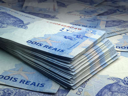 Money of Brazil. Brazilian real bills. BRL banknotes. 2 reals. Business, finance, news background.の写真素材