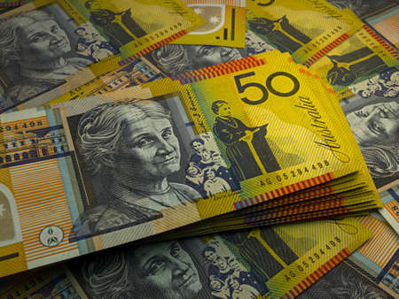 Money of Australia. Australian dollar bills. AUD banknotes. 50 dollars. Business, finance, news background.の写真素材