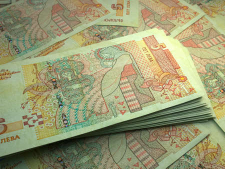 Money of Bulgaria. Bulgarian lev bills. BGN banknotes. 5 levove. Business, finance, news background.の写真素材