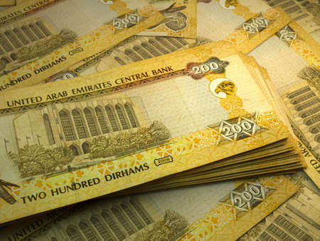 Money of United Arab Emirates. United Arab Emirates dirham bills. AED banknotes. 200 dirhams. Business, finance, news background.の写真素材