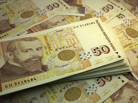 Money of Bulgaria. Bulgarian lev bills. BGN banknotes. 50 levove. Business, finance, news background.の写真素材