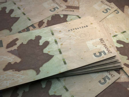 Money of Azerbaijan. Azerbaijani manat bills. AZN banknotes. 5 coins. Business, finance, news background.の写真素材