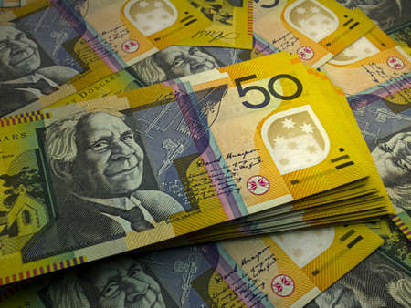 Money of Australia. Australian dollar bills. AUD banknotes. 50 dollars. Business, finance, news background.の写真素材