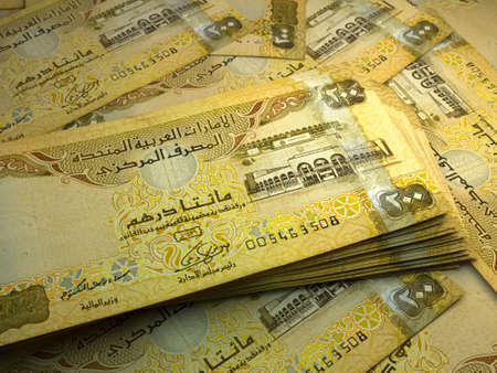 Money of United Arab Emirates. United Arab Emirates dirham bills. AED banknotes. 200 dirhams. Business, finance, news background.の写真素材
