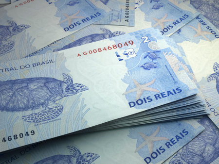 Money of Brazil. Brazilian real bills. BRL banknotes. 2 reals. Business, finance, news background.の写真素材