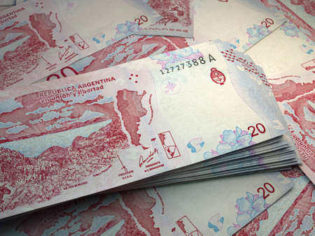 Money of Argentina. Argentine peso bills. ARS banknotes. 20 pesos. Business, finance, news background.の写真素材