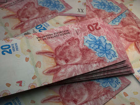 Money of Argentina. Argentine peso bills. ARS banknotes. 20 pesos. Business, finance, news background.の写真素材