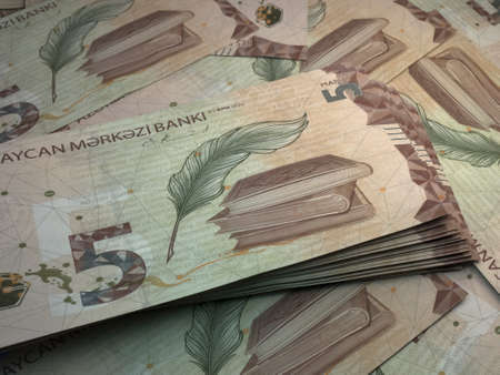 Money of Azerbaijan. Azerbaijani manat bills. AZN banknotes. 5 coins. Business, finance, news background.の写真素材