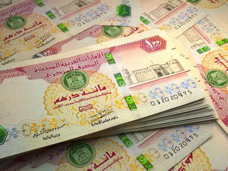 Money of United Arab Emirates. United Arab Emirates dirham bills. AED banknotes. 100 dirhams. Business, finance, news background.の写真素材