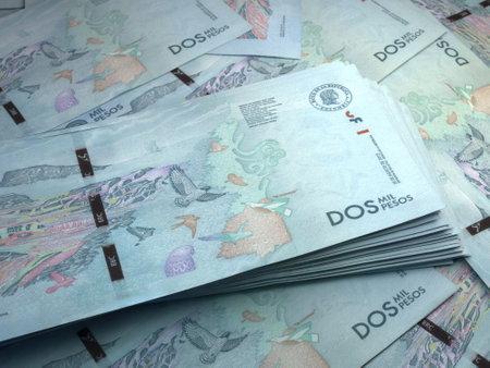 Money of Colombia. Colombian peso bills. COP banknotes. 2 pesos. Business, finance, news background.の写真素材