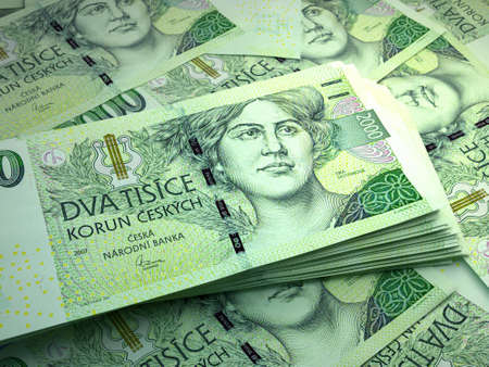 Money of Czech Republic. Czech koruna bills. CZK banknotes. 2000 Kc. Business, finance, news background.の写真素材