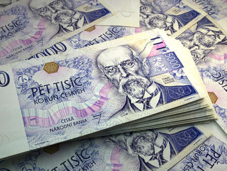 Money of Czech Republic. Czech koruna bills. CZK banknotes. 5000 Kc. Business, finance, news background.の写真素材