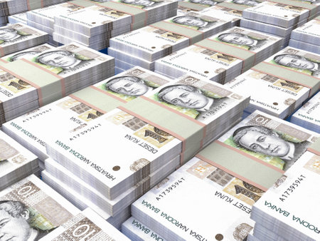 Money of Croatia. Croatian kuna bills. HRK banknotes. 10 euro. Business, finance, news background. 3d illustration.の写真素材