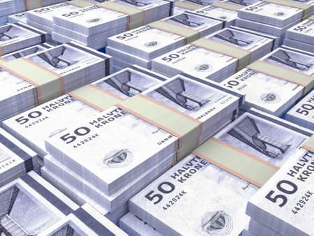 Money of Denmark. Danish krone bills. DKK banknotes. 50 kroner. Business, finance, news background. 3d illustration.の写真素材