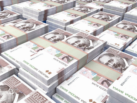 Money of Croatia. Croatian kuna bills. HRK banknotes. 200 euro. Business, finance, news background. 3d illustration.の写真素材