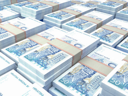 Money of Croatia. Croatian kuna bills. HRK banknotes. 50 euro. Business, finance, news background. 3d illustration.の写真素材
