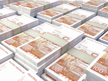 Money of Croatia. Croatian kuna bills. HRK banknotes. 100 euro. Business, finance, news background. 3d illustration.の写真素材