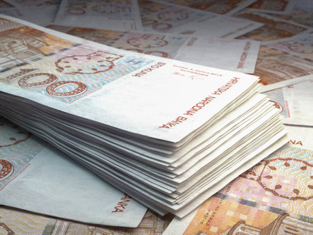 Money of Croatia. Croatian kuna bills. HRK banknotes. 100 euro. Business, finance, news background. 3d illustration.の写真素材