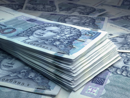 Money of Croatia. Croatian kuna bills. HRK banknotes. 50 euro. Business, finance, news background. 3d illustration.の写真素材