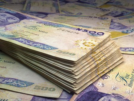 Money of Nigeria. Nigerian naira bills. NGN banknotes. 500 polymer. Business, finance, news background. 3d illustration.の写真素材