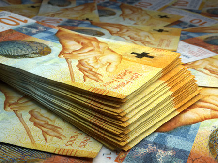Money of Switzerland. Swiss franc bills. CHF banknotes. 10 francs. Business, finance, news background. 3d illustration.の写真素材