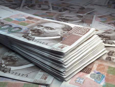 Money of Croatia. Croatian kuna bills. HRK banknotes. 200 euro. Business, finance, news background. 3d illustration.の写真素材