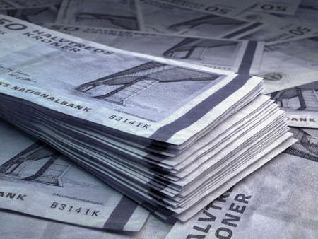 Money of Denmark. Danish krone bills. DKK banknotes. 50 kroner. Business, finance, news background. 3d illustration.の写真素材