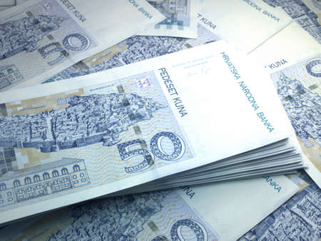 Money of Croatia. Croatian kuna bills. HRK banknotes. 50 euro. Business, finance, news background. 3d illustration.の写真素材