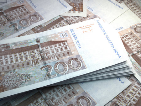 Money of Croatia. Croatian kuna bills. HRK banknotes. 200 euro. Business, finance, news background. 3d illustration.の写真素材