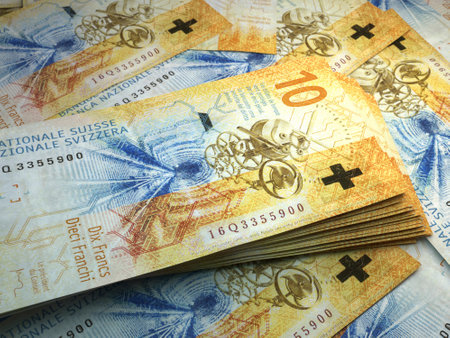 Money of Switzerland. Swiss franc bills. CHF banknotes. 10 francs. Business, finance, news background. 3d illustration.の写真素材
