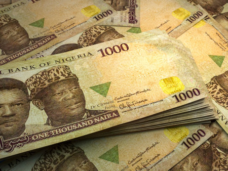 Money of Nigeria. Nigerian naira bills. NGN banknotes. 500 polymer. Business, finance, news background. 3d illustration.の写真素材